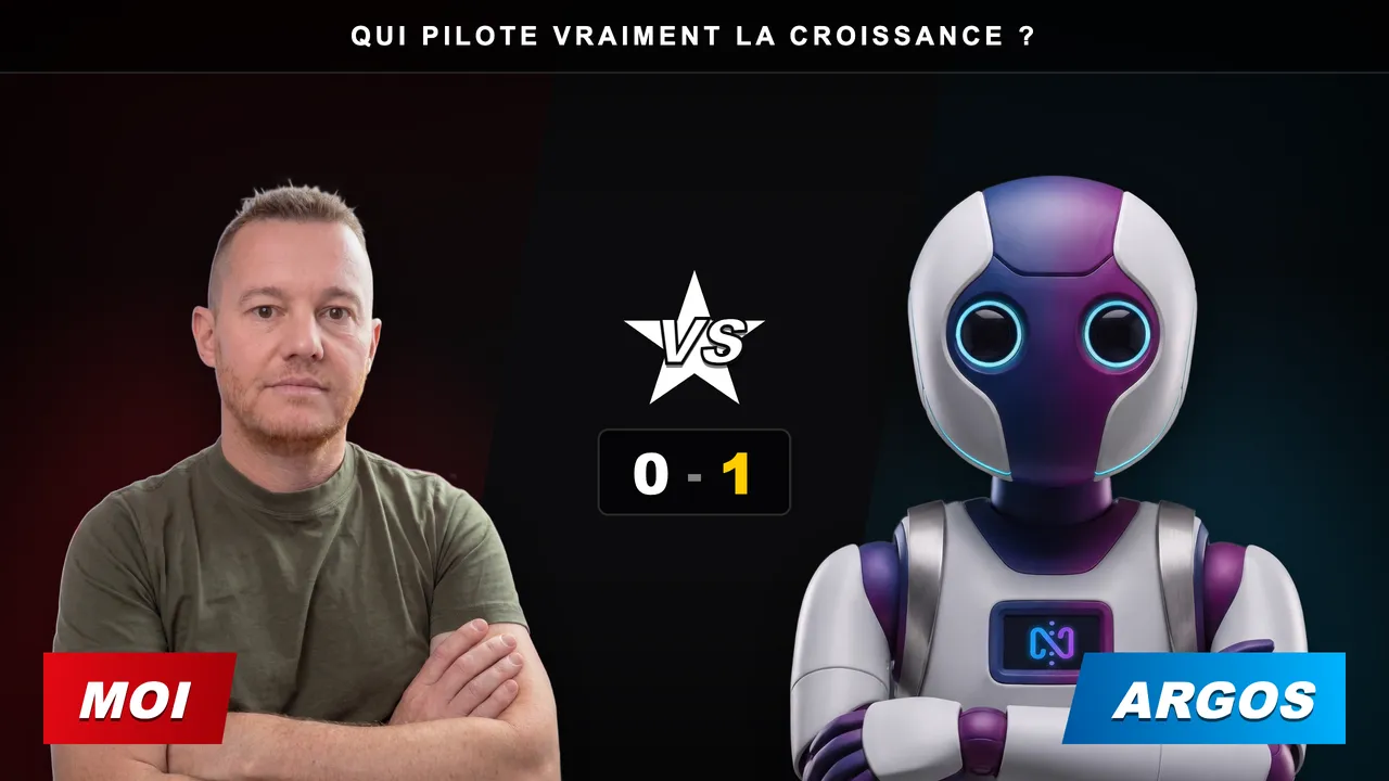 Montage « MOI » (Jimmy Lefevre, bras croisés) contre « ARGOS » (mascotte robot Neodigit), score 0-1 en faveur d'Argos, sous le titre « Qui pilote vraiment la croissance ? »